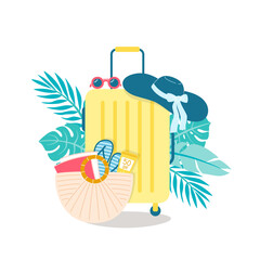 Travel suitcase with vacation accesories and tropical leaves on the background. Vector Illustration of summer travel