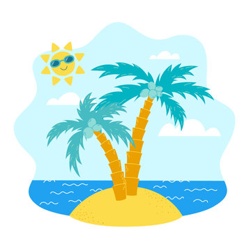 Island landscape in the sea with palm trees and smiling sun in sunglasses. Vector illustration of a summer vacation on a tropical island