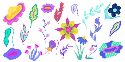 Fototapeta na wymiar Naive Vibrant Flower set isolated. Spring plant naive style. Cartoon vector illustration. Daisy simple vibrant flora