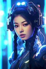 Illustration of a cyborg woman and Ai technology background , AI Generated