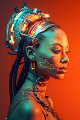 Illustration of a cyborg woman and Ai technology background , AI Generated