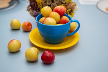 sweet yellow cherry in a yellow-blue cup