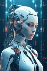 Illustration of a cyborg woman and Ai technology background , AI Generated