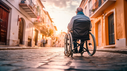 Obraz premium A man in a wheelchair walks in the city along a pedestrian street. Generative AI.