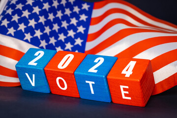 Election 2024 in the USA, Voting in the presidential election in the United States, Concept, wooden...