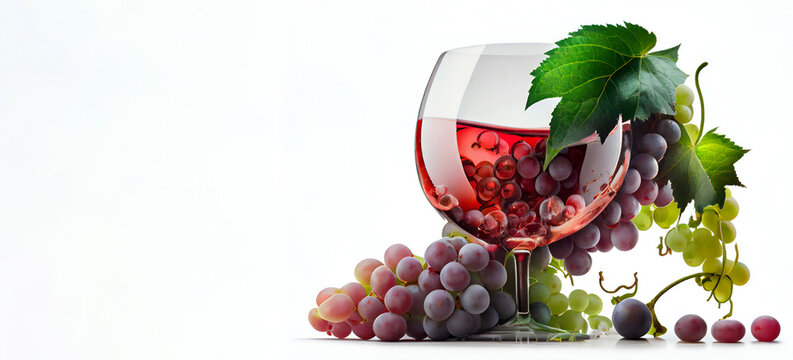 A glass of wine and grapes on a white background, banner, Generative AI