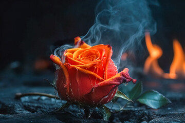 Close-up of a red rose on a dark background with fire and smoke. Generative AI - obrazy, fototapety, plakaty