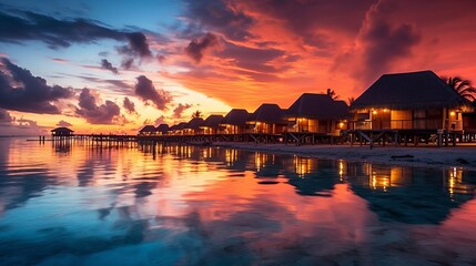 Amazing sunset landscape. Picturesque summer sunset in Maldives. Luxury resort villas seascape with soft led lights under colorful sky. Dream sunset over tropical sea, Generative AI - obrazy, fototapety, plakaty