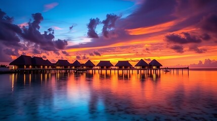 Amazing sunset landscape. Picturesque summer sunset in Maldives. Luxury resort villas seascape with soft led lights under colorful sky. Dream sunset over tropical sea, Generative AI