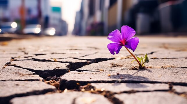 close up, purple flower growing on crack street background. Generative AI