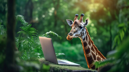 Giraffe working on a laptop in the jungle. Nature background generated by artificial intelligence. Surreal abstract concept of digital business, wireless internet or freelance job. - obrazy, fototapety, plakaty