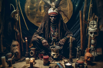 Fototapeta na wymiar African shaman or witch doctor performing ritual in his shrine, mystical dark occult portrait. Generative AI