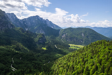 Fototapeta na wymiar Alpine mountains landscape. Aerial drone view Beauty in nature. Italian Alps