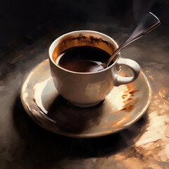 Oil painting  Tasty cup of coffee