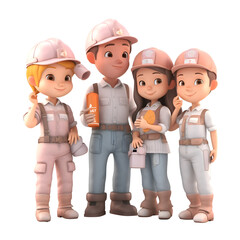 3D rendering of a group of workers in overalls and helmets
