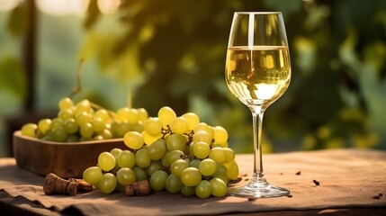 Glass of white wine ripe grapes and bottle on table in vineyard. White wine in glass and ripe grapes on wooden table in vineyard.