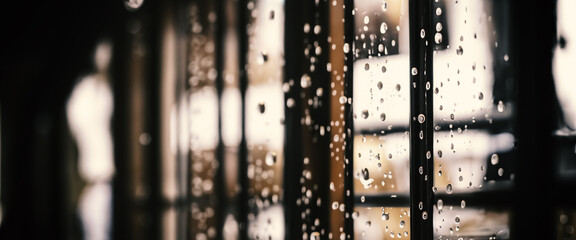 Rain drop on window glass of coffee shop and blurry city life background. Rainy season and blurry...