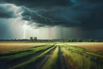 Fotobehang a big field, in the background a thunderstorm and threatening clouds (Generative AI) © Robert Leßmann