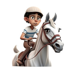 3D Render of Little Boy riding a white horse on white background