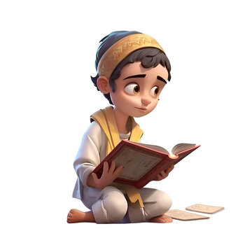3D digital render of a cute muslim boy reading a book