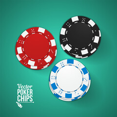 Poker chips on bright background. Top view. Vector illustration.