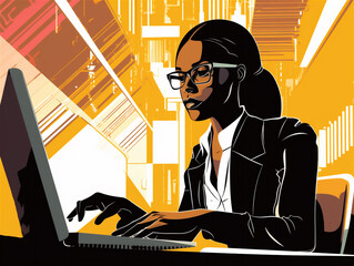 Illustration of a beautiful black woman working on computer. Ai generated