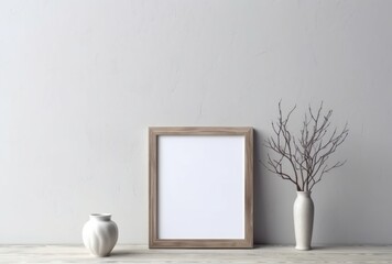 Rustic Frame Mock up Minimalist Product Backdrop Background Neutral Minimalist Simple Minimal Color, Beige, Tan, White with Vase of Leaves Flowers