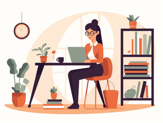Colorful illustration of woman working on computer, ai generated 