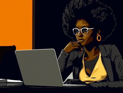 Illustration Of A Beautiful Black Woman Working On Computer. Ai Generated