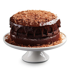 Chocolate cake with icing on white background