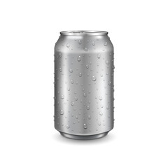 Aluminum can with water drops. Realistic metallic can for beer, soda, lemonade, juice, energy drink. Vector template for your design.