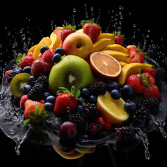 fruit basket with splash and black background