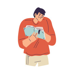 Happy Man Character Reading Book Enjoying His Hobby Vector Illustration