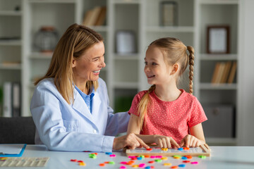 Psychotherapist Lady Having Session Meeting With Cute Little Girl