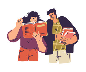 Happy Man and Woman Character Reading Book Enjoying Hobby Vector Illustration