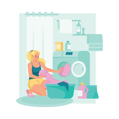 House Cleaning with Young Woman Doing Laundry Vector Illustration