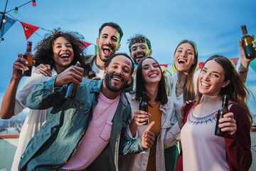 Fototapeta premium Group of cheerful best friends on a rooftop wine party. Crowd of young people drinking, toasting glasses, laughing and having fun on a friendly meeting, enjoying happy hour at winery bar restaurant