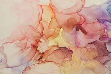Watercolor and alcohol ink smoke flow stain blot on paperbackground. Pink, beige and gold neutral colors. Marble texture.