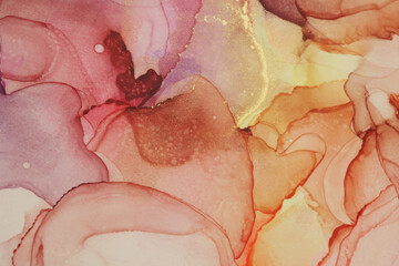 Watercolor and alcohol ink smoke flow stain blot on paper background. Beige and gold neutral colors. Marble texture.