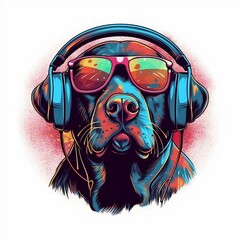 Funky cartoon labrador retriever with headphones and glasses listening to music with a vintage retro styling. Created using generative AI.