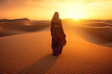 Fototapeta na wymiar Arabian woman walk in the desert sand and dunes at sunset. Generative AI.