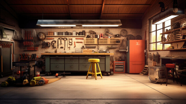Interior garage with mechanic tools