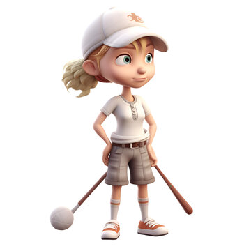 3d rendering of a little girl with a golf club and ball