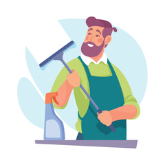 Bearded Man Character Doing Housework Scrubbing Window Vector Illustration