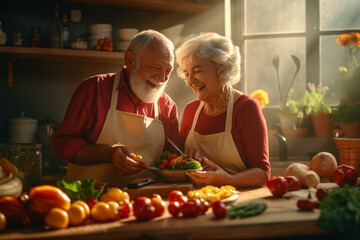 Elderly couple cooking at kitchen together