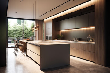 Modern kitchen with large island and lighting
