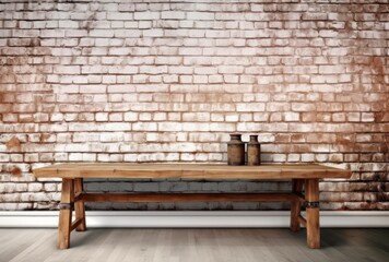 Rustic Exposed Brick Wall with Worn Farmhouse Table Minimalist Product Backdrop Background Neutral Minimalist Simple Minimal Color, Beige, Tan, White, Vase