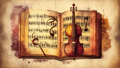Violin and sheet music score book background with an abstract vintage distressed retro texture which is a musical instrument used for classical music, computer Generative AI stock illustration image