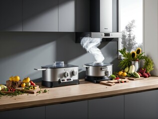 stainless steel kitchen stove. Created with Generative AI Technology.