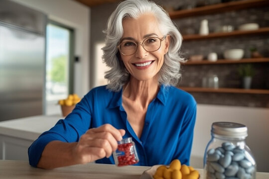 Smiling Caucasian Elderly Woman With Pills In Hand At Home